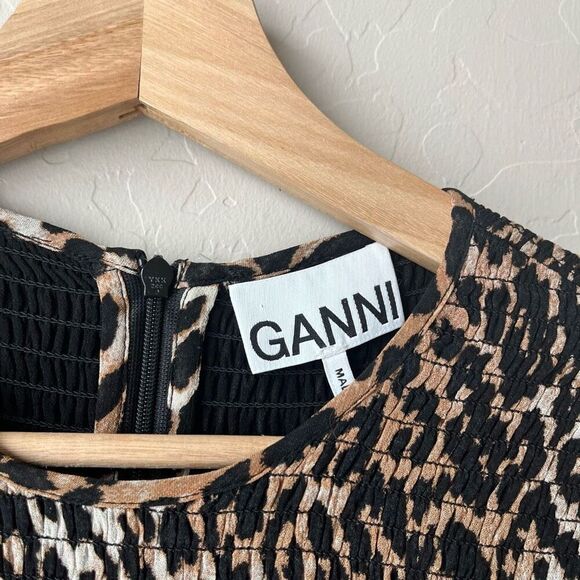 Ganni Leopard Animal Print Brown Georgette Smocked Long Sleeve Midi Dress Size 4 - Picture 6 of 11